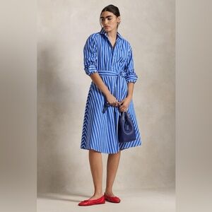 Polo by Ralph Lauren Blue and White Striped Midi Shirt Dress